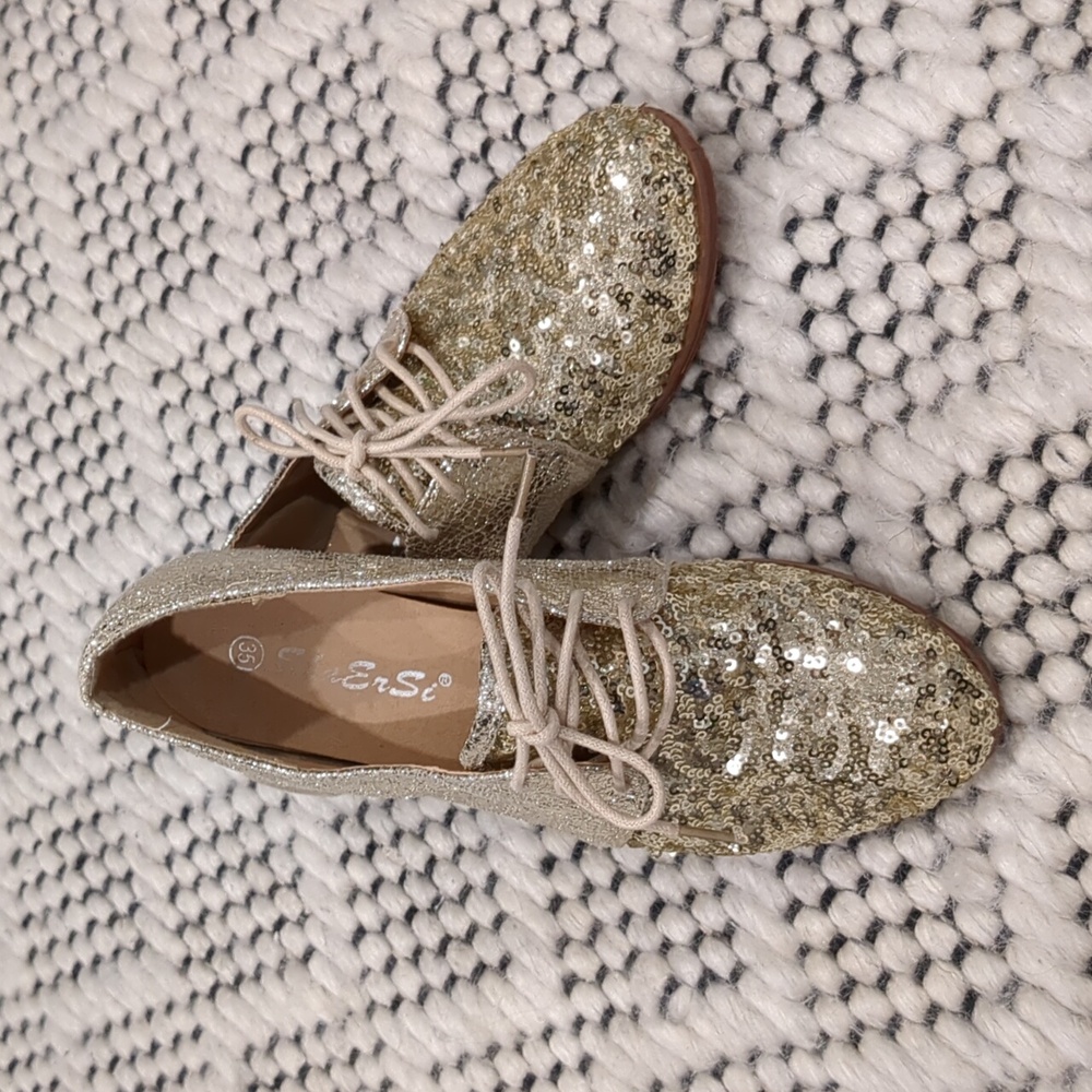 Gold sequin lace up shoes size 35